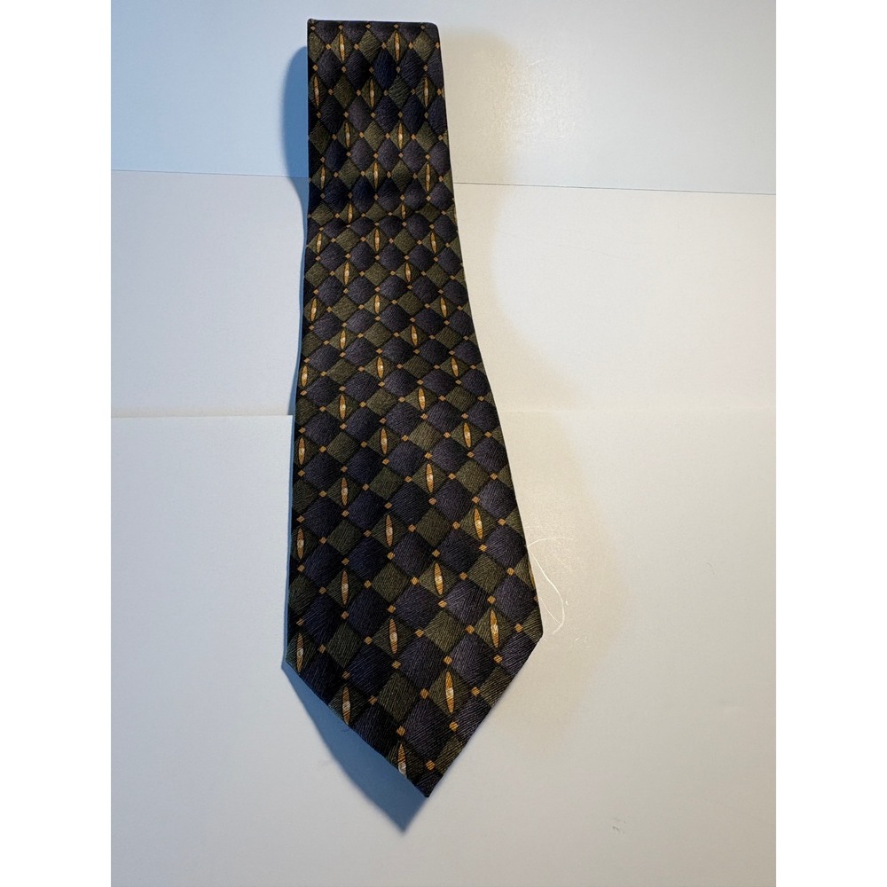 Carlos Devenezia Barcelona Silk Tie Navy Blue Olive Green Geometric Diamond Mens
